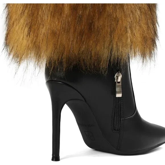 Womens L Brown Fur Knee High Boots with Heel Wide Calf Tall Fold Over Party Boot - Picture 5 of 6